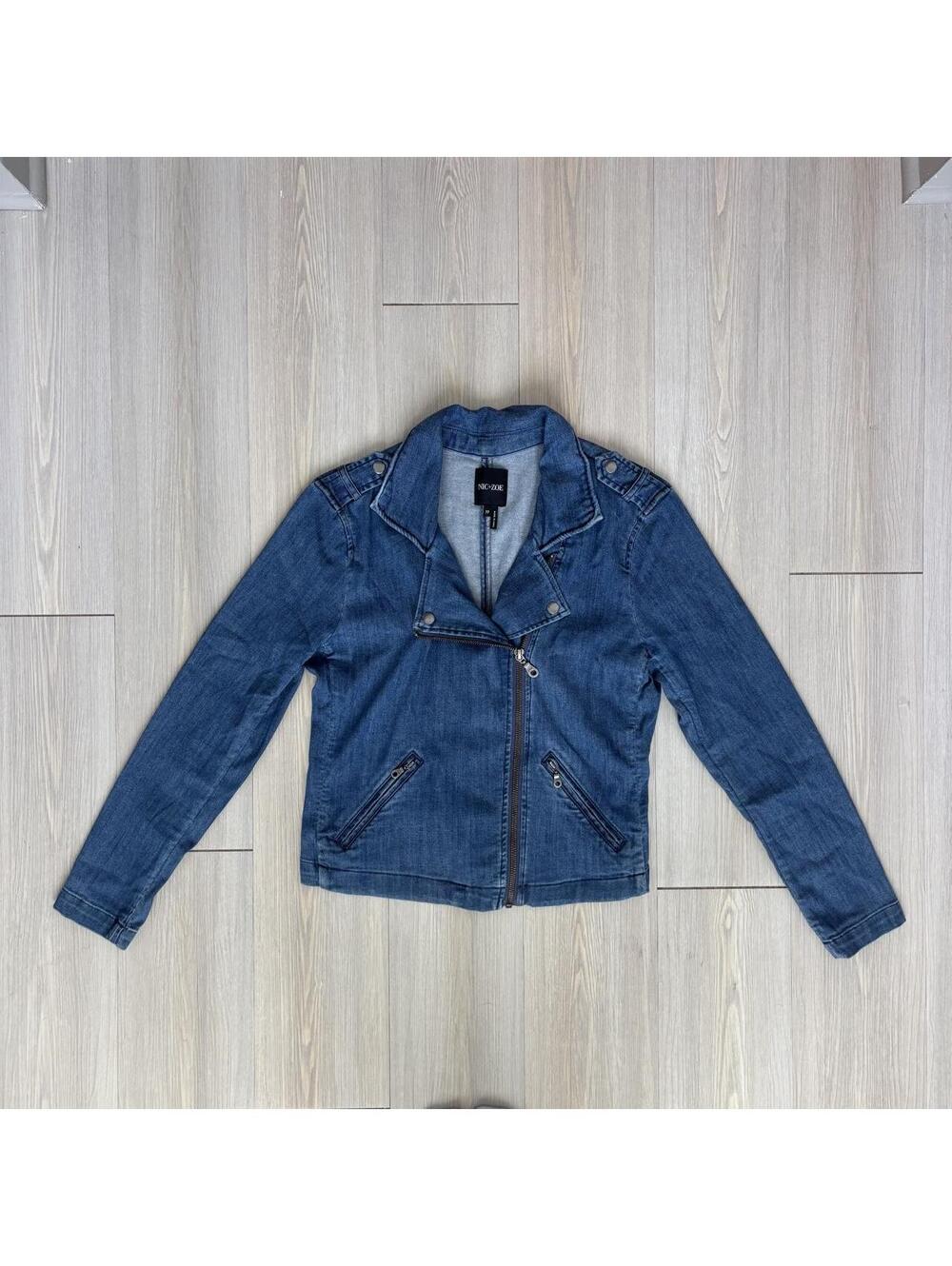 NIC+ZOE Denim Moto Jacket Petite PP Blue Asymmetrical Zip Stretch Jean Jacket